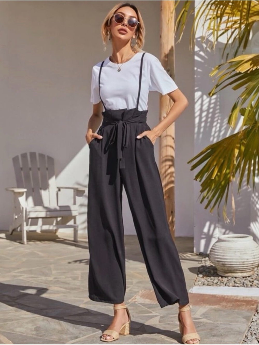 SHEIN Black High-Waist Paperbag Suspender Wide-Leg Jumpsuit